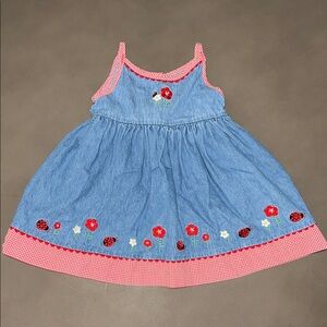 Vintage 90s Ladybug and Floral Denim Dress - Red Gingham Scalloped Trim